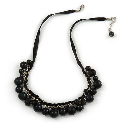 Black Ceramic Bead Charm with Silk Ribbon Necklace - 48cm L/ 4cm Ext - main view