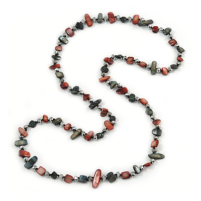 Long Dark Green/ Oxblood/ Grey Shell Nugget and Glass Crystal Bead Necklace - 110cm L