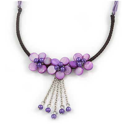 Purple Shell Flower Metal Wire with Black/ Purple Cotton Cord Necklace - 44cm L/ 5cm Ext - main view