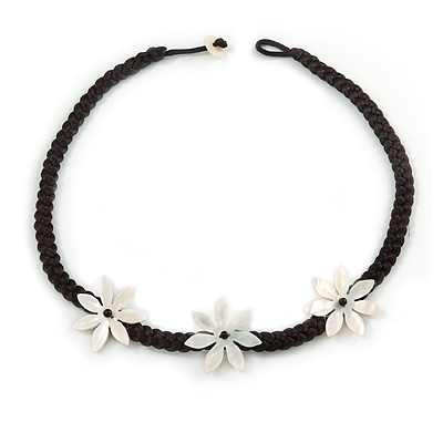 Mother Of Pearl Floral Black Silk Cord Necklace - 48cm L