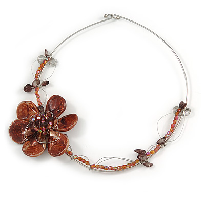 Romantic Brown Shell, Glass Bead Side Floral Motif Wire Choker Necklace In Silver Tone - 44cm L