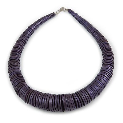 Chunky Glittering Purple Coin Shape Wood Bead Necklace - 56cm L