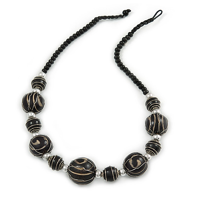 Statement Black Wood Bead Necklace with Silver Tone Wire Detailing - 58cm Long
