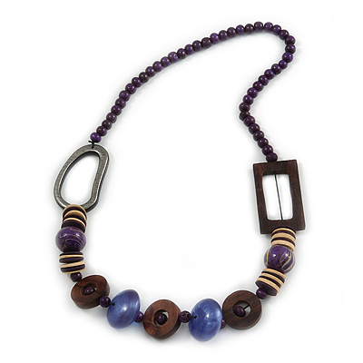 Trendy Wood, Acrylic Bead Geometric Chunky Necklace (Purple/ Brown) - 70cm L