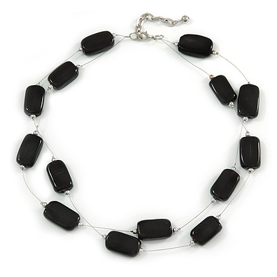 Two Strand Square Black Glass Bead Silver Tone Wire Necklace - 48cm L/ 5cm Ext