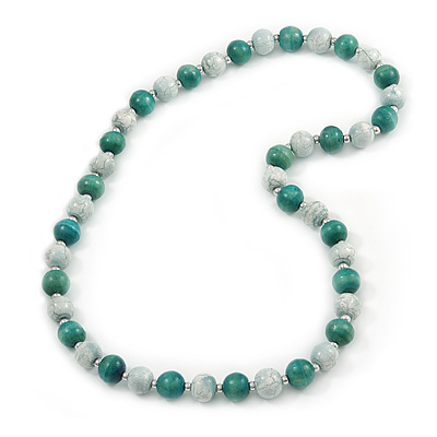 Chunky Wood Bead Necklace (Teal Green/ Withe) - 80cm Long