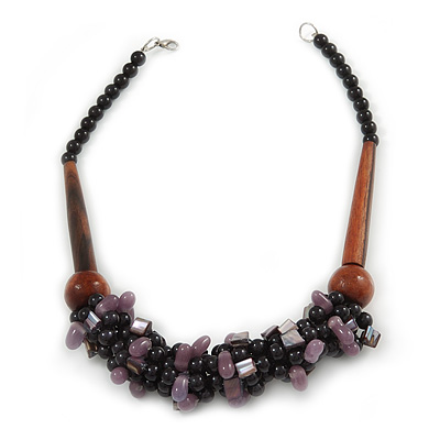 Chunky Cluster Black Ceramic Beads, Purple Shell Nuggets Wood Bar Necklace - 48cm Long