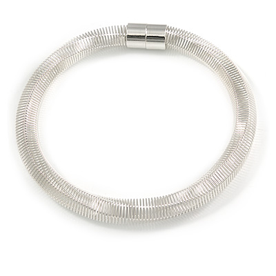 Chunky Light Silver Spring Type Ribbed Magnetic Necklace - 45cm L