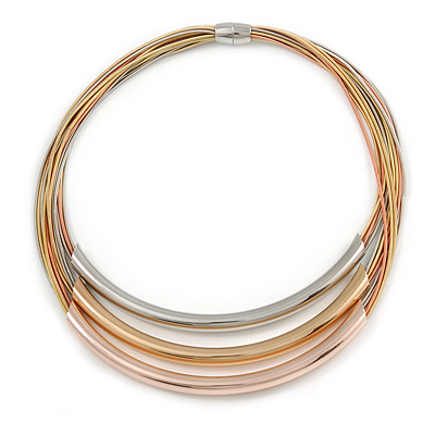 Gold/ Silver/ Rose Gold Tone Layered with Tunnel Detailing Magnetic Necklace - 44cm L