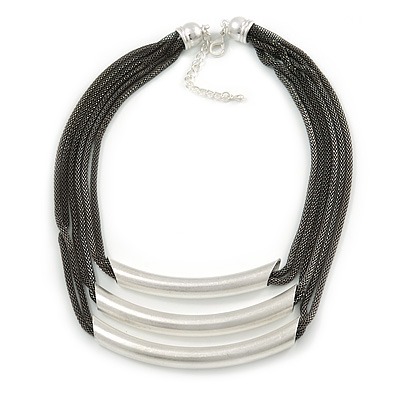 Statement 3 Strand Layered Dark Grey Mesh Necklace with Tunnel Detailing - 48cm L/ 6cm Ext