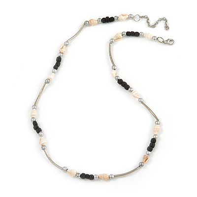 Delicate Glass Beads and Sea Shell, Metal Bar Necklace In Silver Tone (Black/ White) - 50cm L/ 6cm Ext