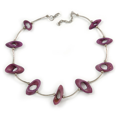 Stylish Purple Bone Bead and Textured Metal Bar Necklace In Silver Tone - 44cm L/ 5cm Ext