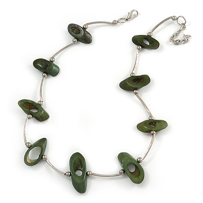 Stylish Green Bone Bead and Textured Metal Bar Necklace In Silver Tone - 43cm L/ 5cm Ext