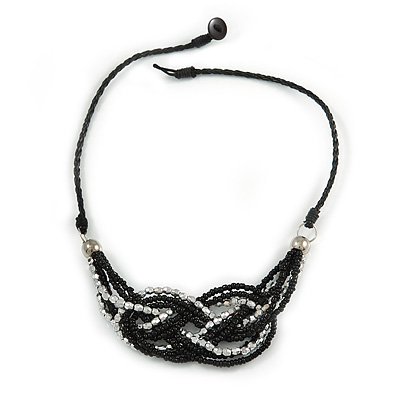 Stylish Black Glass, Silver Acrylic Bead Faux Leather Cord Bib Style Necklace - 42cm L