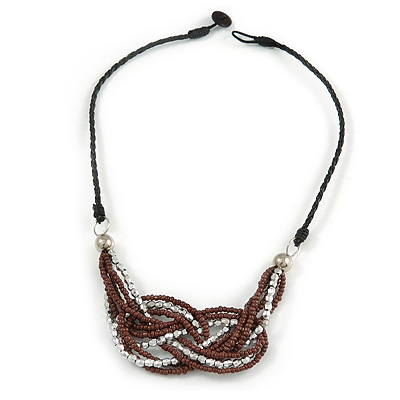 Stylish Brown Glass, Silver Acrylic Bead Black Faux Leather Cord Bib Style Necklace - 42cm L