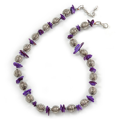 Stylish Metal Ball with Wire and Purple Sea Shell Nugget Necklace In Silver Tone - 44cm L/ 4cm Ext