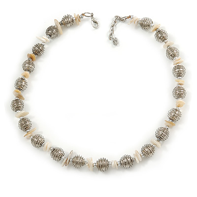 Stylish Metal Ball with Wire and Antique White Sea Shell Nugget Necklace In Silver Tone - 44cm L/ 4cm Ext