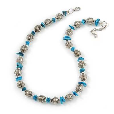 Stylish Metal Ball with Wire and Teal Sea Shell Nugget Necklace In Silver Tone - 44cm L/ 4cm Ext