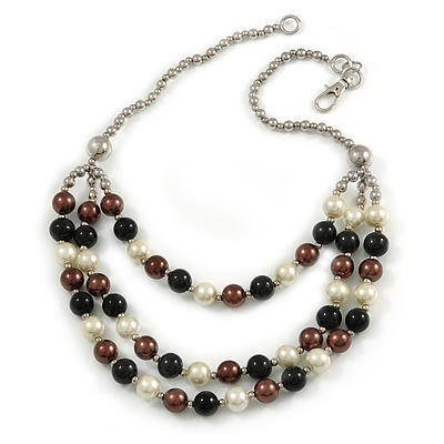 Layered Glass Bead Statement Necklace (Brown/ Black/ White/ Silver) - 62cm L