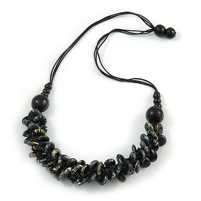 Button Shape Wood Bead with Black Cotton Cord Necklace (Black, Gold, White) - 60cm L