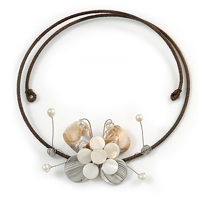 Off White Sea Shell Butterfly Pendant with Flex Wire Choker Necklace - Adjustable - main view
