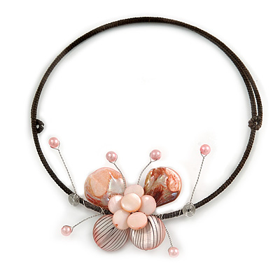 Pastel Pink Sea Shell Butterfly Pendant with Flex Wire Choker Necklace - Adjustable - main view