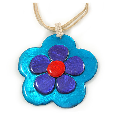 Romantic Shell Flower Pendant with Cream Faux Suede Cords (Teal, Blue, Pink) - 40cm L - main view