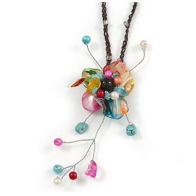 Multicoloured Shell Flower Pendant with Waxed Cotton Cord Necklace - 60cm L/ 9cm Front Drop