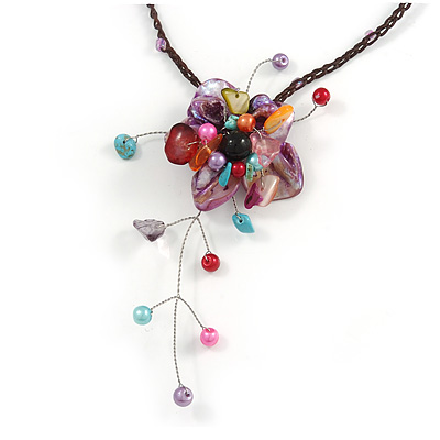 Purple Shell Flower Pendant with Waxed Cotton Cord Necklace - 60cm L/ 9cm Front Drop