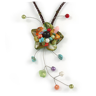 Green Shell Flower Pendant with Brown Waxed Cord Necklace - 60cm L/ 9cm Front Drop