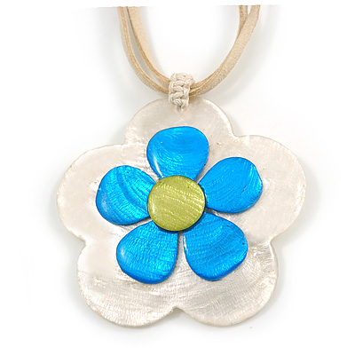 Romantic Shell Flower Pendant with Cream Faux Suede Cords (White, Blue, Olive) - 40cm L