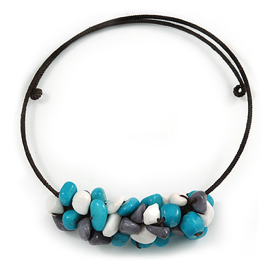 Chunky Semiprecious Stone Cluster Pendant with Flex Wire Choker Necklace (Blue/ Grey/ White) - Adjustable