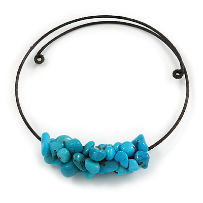 Chunky Semiprecious Stone Cluster Pendant with Flex Wire Choker Necklace (Blue/ Black) - Adjustable