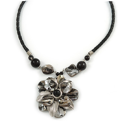 Grey Sea Shell Flower Pendant with Black Faux Leather Cord In Silver Tone - 44cm L/ 6cm Ext