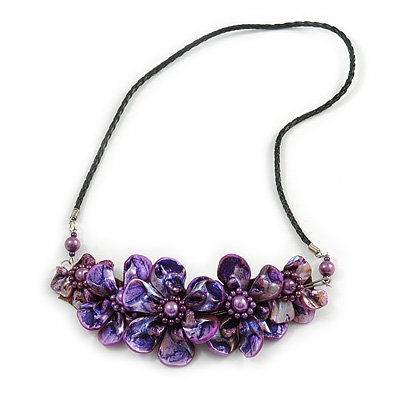 Statement Purple Shell Floral Necklace with Black Faux Leather Cord - 64cm L