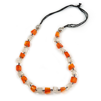 Orange/ Transparent Square Resin Bead with Black Cords Necklace - 70cm Long