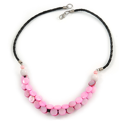 Light Pink Coin Shell Bead Cluster with Black Faux Leather Cord Necklace - 54cm L - main view