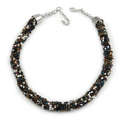 Statement Chunky Black/ White/ Bronze/ Peacock Glass Bead Collar Style Necklace - 44cm L/ 5cm Ext
