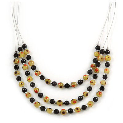 3 Strand Black/ Lemon Yellow Glass Bead Wire Layered Necklace - 58cm Long