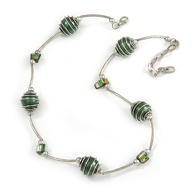 Stylish Green Glass/ Shell Bead and Textured Metal Bar Necklace In Silver Tone - 40cm L/ 5cm Ext