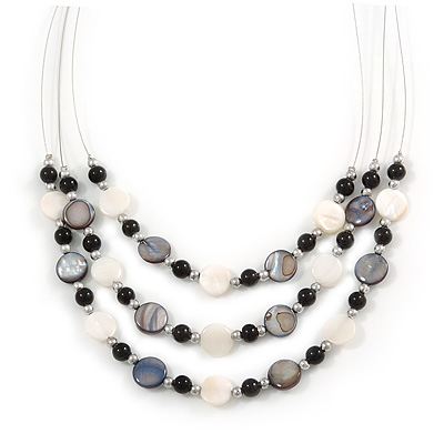 3 Strand White/ Grey/ Black Shell and Ceramic Bead Wire Layered Necklace - 60cm L