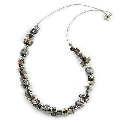 Grey Shell Nugget, Glass Bead Wire Necklace in Silver Tone - 60cm L