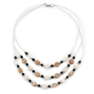 3 Strand White/ Brown/ Black Shell and Ceramic Bead Wire Layered Necklace - 60cm L