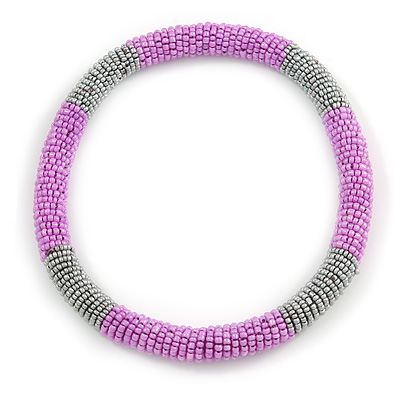 Statement Chunky Grey/ Bubble Gum Pink Beaded Stretch Choker Style Necklace - 44cm L