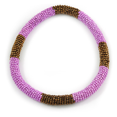 Statement Chunky Bronze/ Bubble Gum Pink Beaded Stretch Choker Style Necklace - 40cm L
