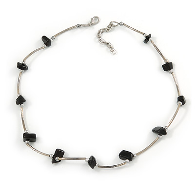 Delicate Black Semiprecious Stone with Silver Bar Necklace - 42cm L/ 5cm Ext