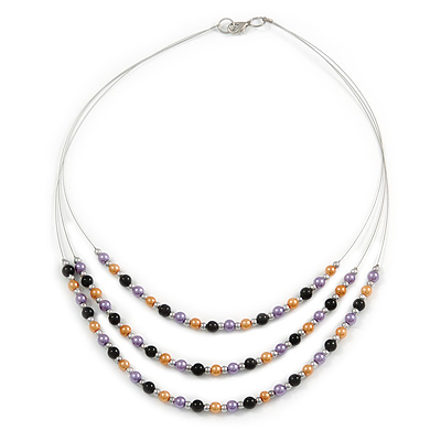 3 Strand Purple/ Orange/ Black Acrylic Bead Wire Layered Necklace - 60cm Long