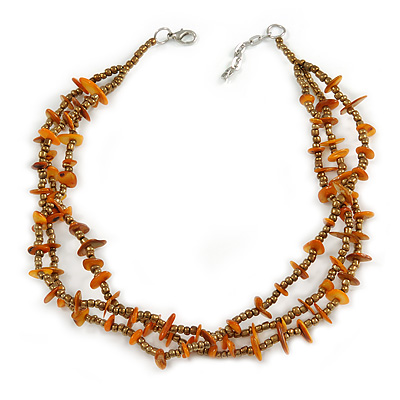 3 Strand Bronze Glass Beads, Burnt Orange Sea Shell Nuggets Necklace - 42cm L/ 3cm Ext
