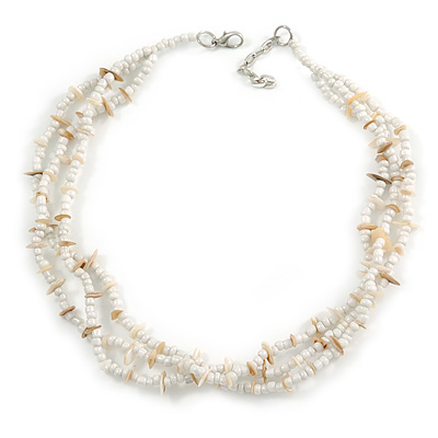 3 Strand White Glass Bead, Natural Sea Shell Necklace - 43cm L/ 4cm Ext