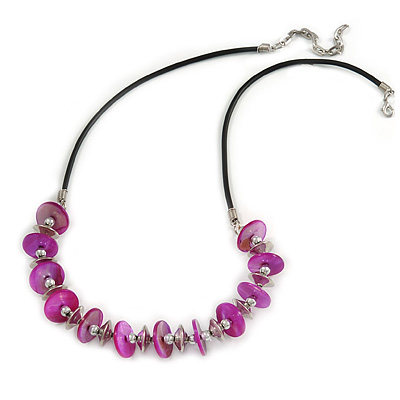 Fuchsia Coin Shell and Silver Tone Metal Button Bead Black Rubber Cord Necklace - 61cm L/ 7cm Ext - main view